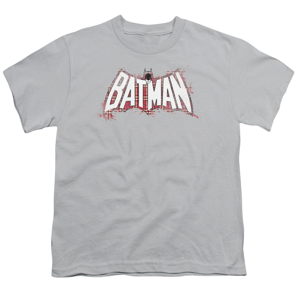 Batman Comics Plaid Splat Logo Youth 18/1 100% Cotton Short-Sleeve T-Shirt