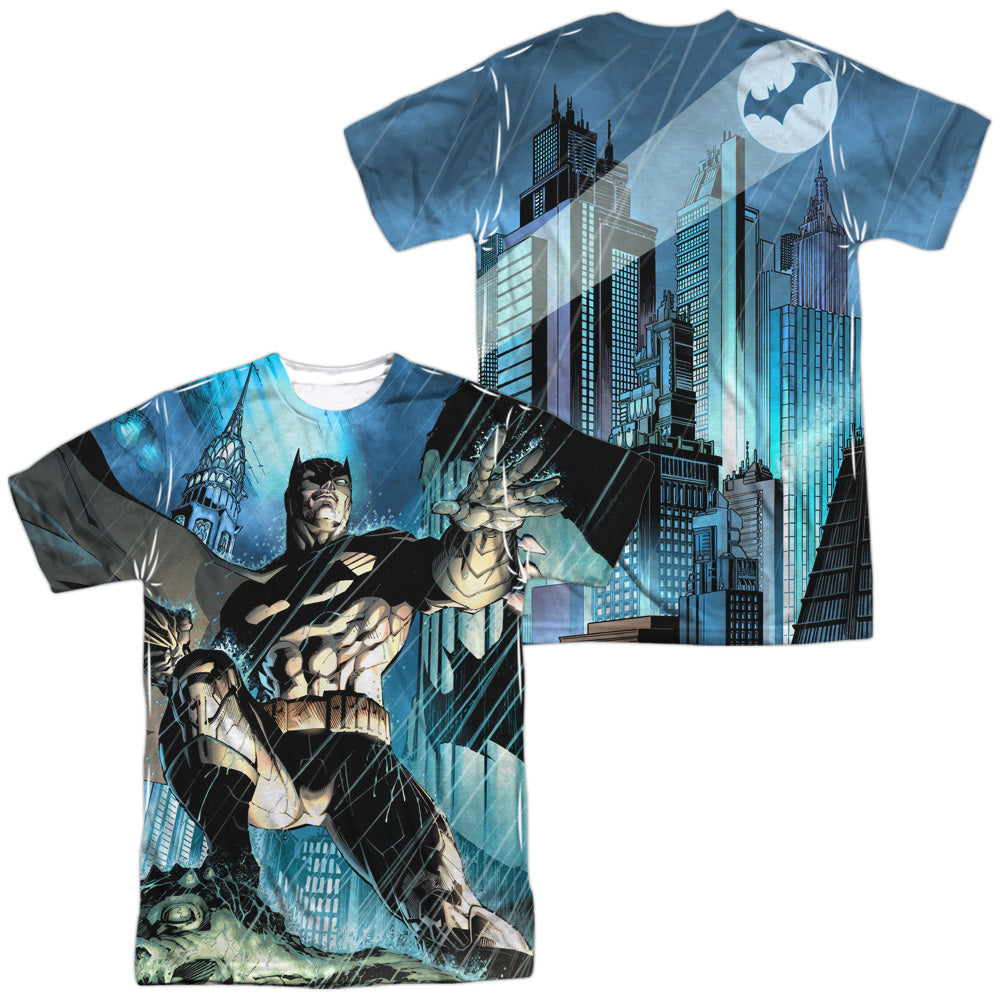 Batman Comics Rainy Rooftop (Front/Back Print) Men's Regular Fit Polyester Short-Sleeve T-Shirt