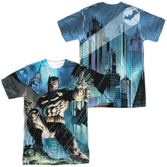 Batman Comics Rainy Rooftop (Front/Back Print) Men's Regular Fit Polyester Short-Sleeve T-Shirt