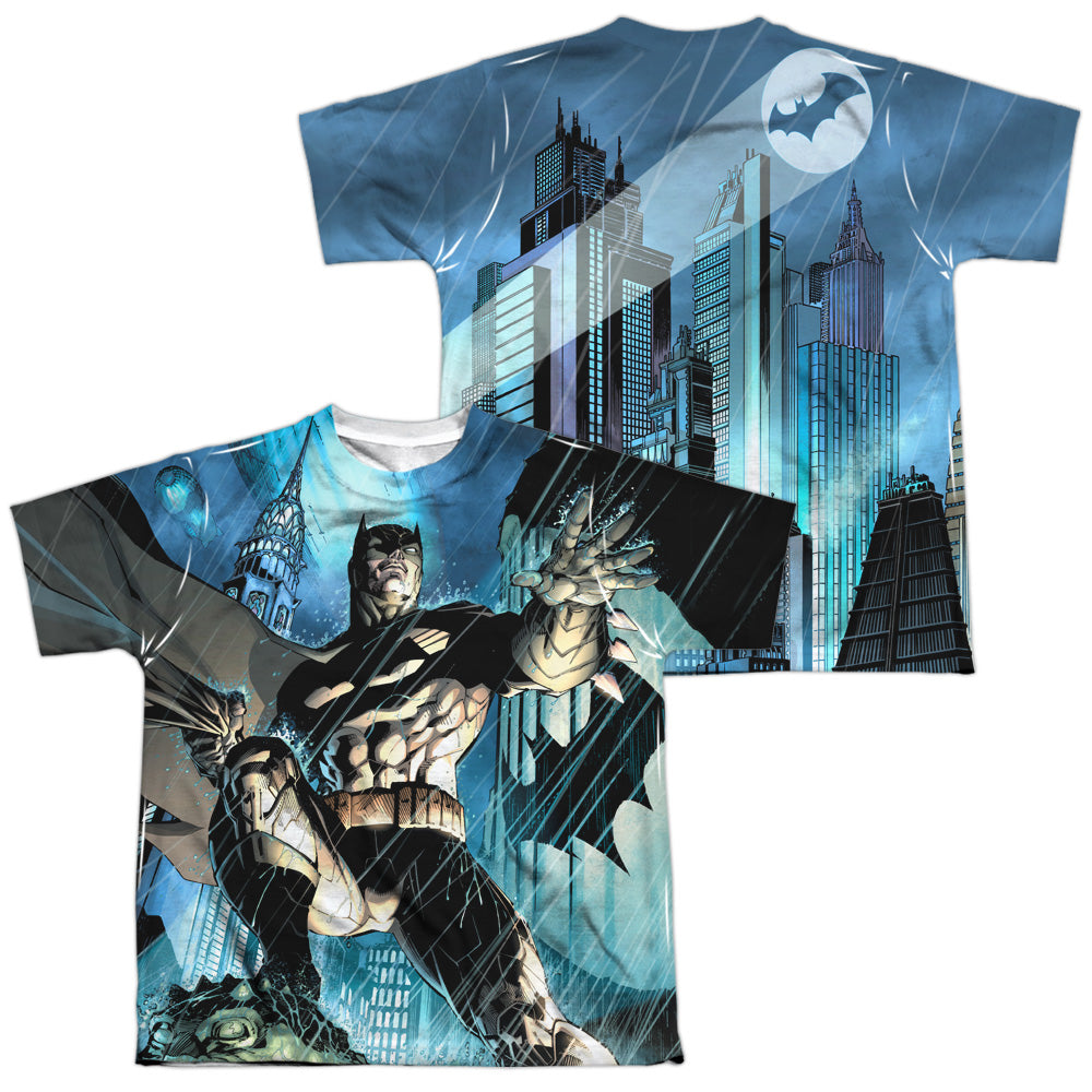 Batman Comics Rainy Rooftop (Front/Back Print) Youth Regular Fit Poly Short-Sleeve T-Shirt