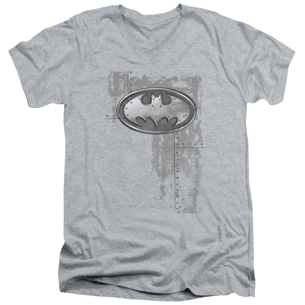 Batman Comics Rivited Metal Logo Men's 30/1 Cotton Slim V-Neck T-Shirt