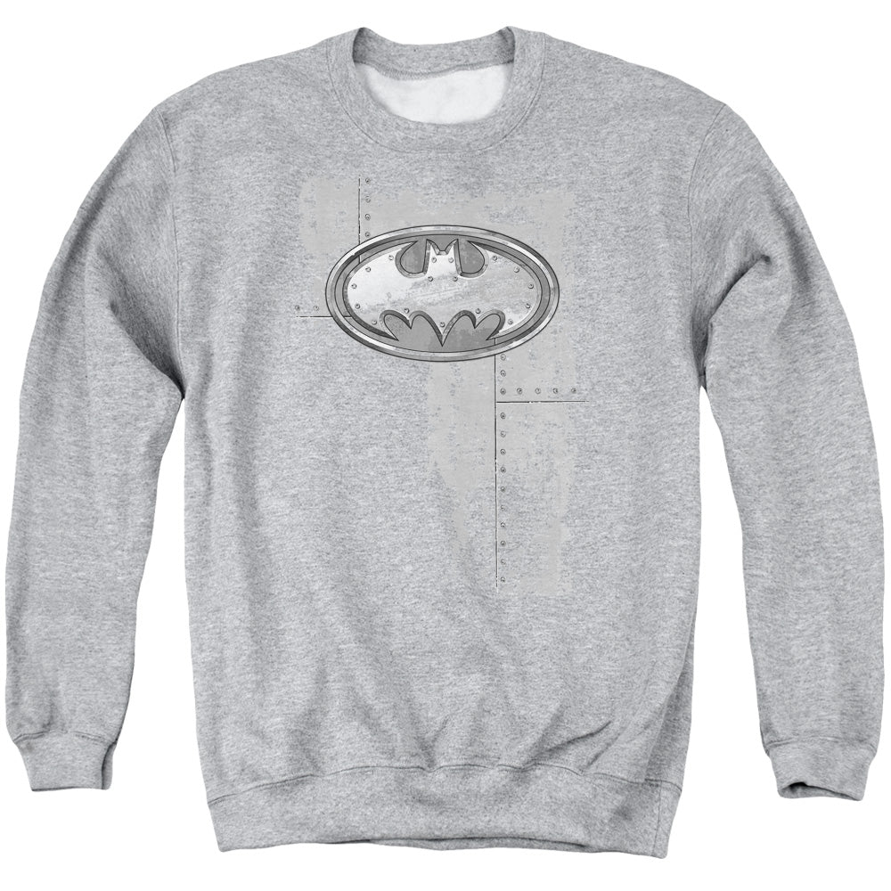 Batman Comics Rivited Metal Logo Men's Crewneck 50 50 Poly Long-Sleeve T-Shirt