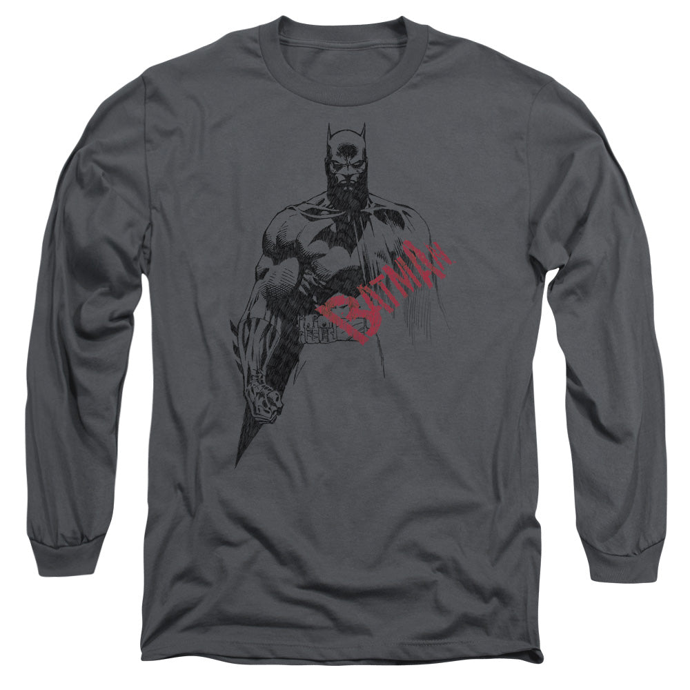 Batman Comics Sketch Bat Red Logo Men's 18/1 Cotton Long-Sleeve T-Shirt