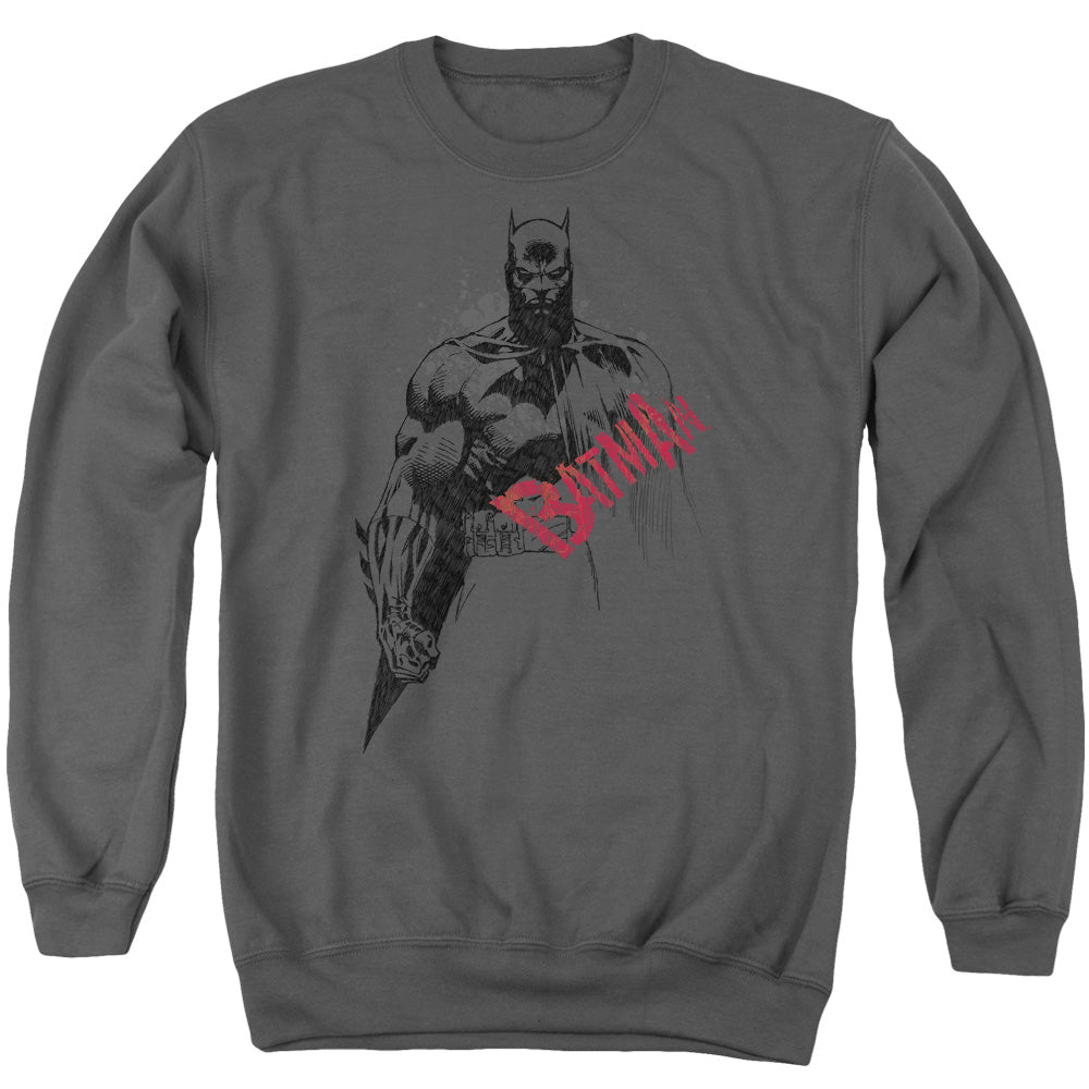 Batman Comics Sketch Bat Red Logo Men's Crewneck 50 50 Poly Long-Sleeve T-Shirt