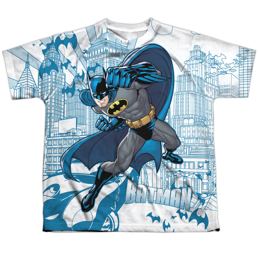 Batman Comics Skyline All Over Youth Regular Fit Poly Short-Sleeve T-Shirt