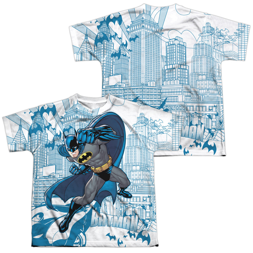 Batman Comics Skyline All Over Youth Regular Fit Poly Short-Sleeve T-Shirt