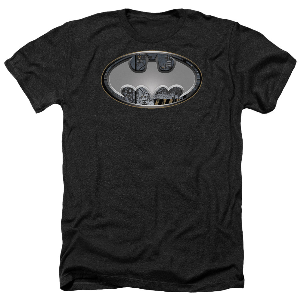 Batman Comics Steel Wall Shield Men's 30/1 Heather 60 40 Poly Short-Sleeve T-Shirt