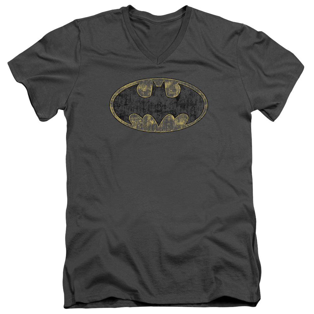 Batman Comics Tattered Logo Men's 30/1 Cotton Slim V-Neck T-Shirt