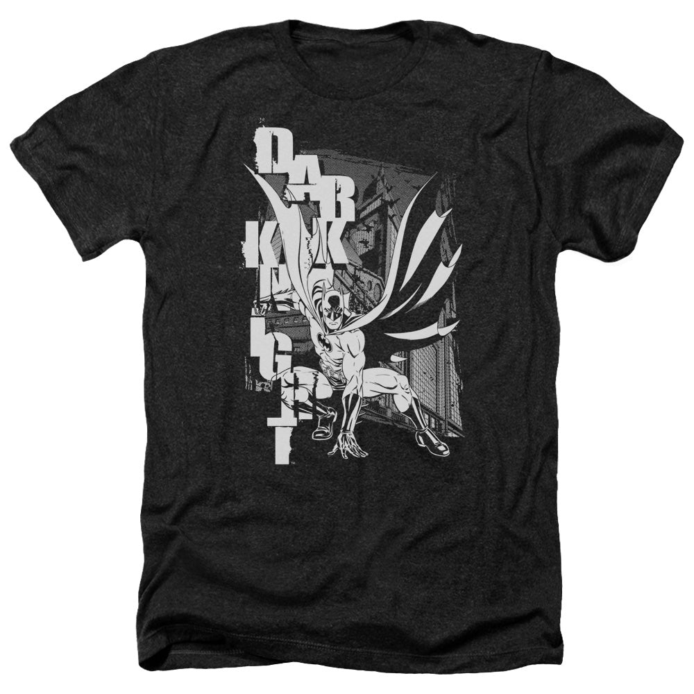 Batman Comics Vertical Letters Men's 30/1 Heather 60 40 Poly Short-Sleeve T-Shirt