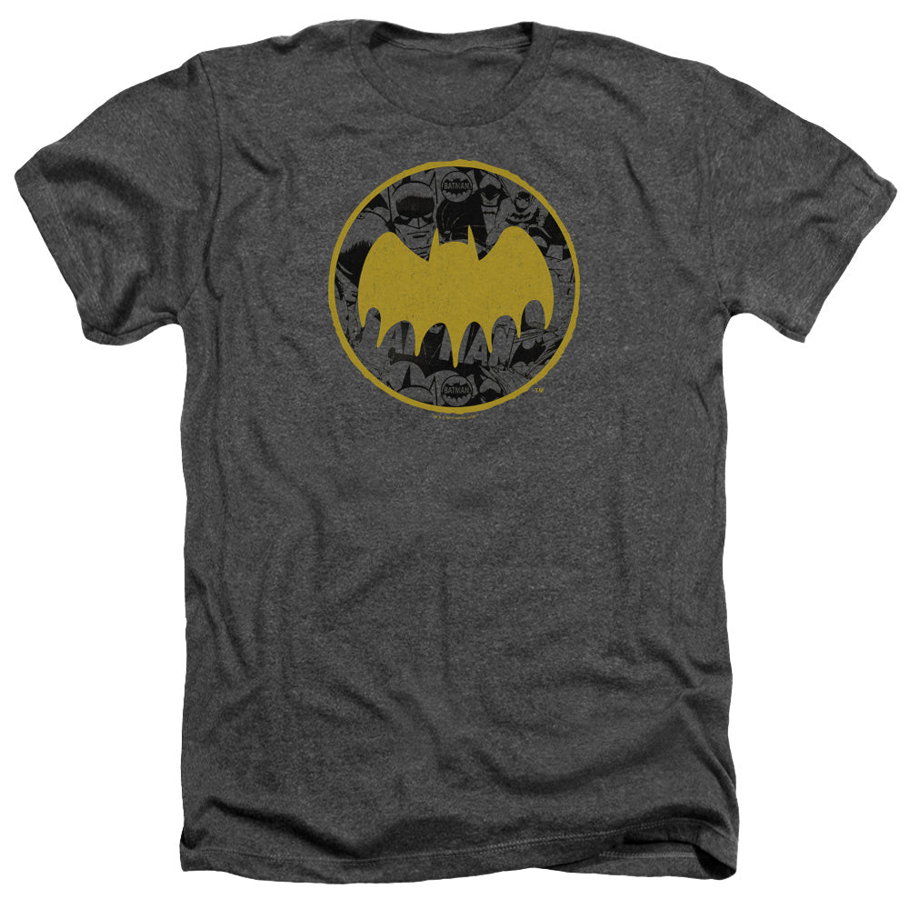 Batman Comics Vintage Symbol Collage Men's 30/1 Heather 60 40 Poly Short-Sleeve T-Shirt