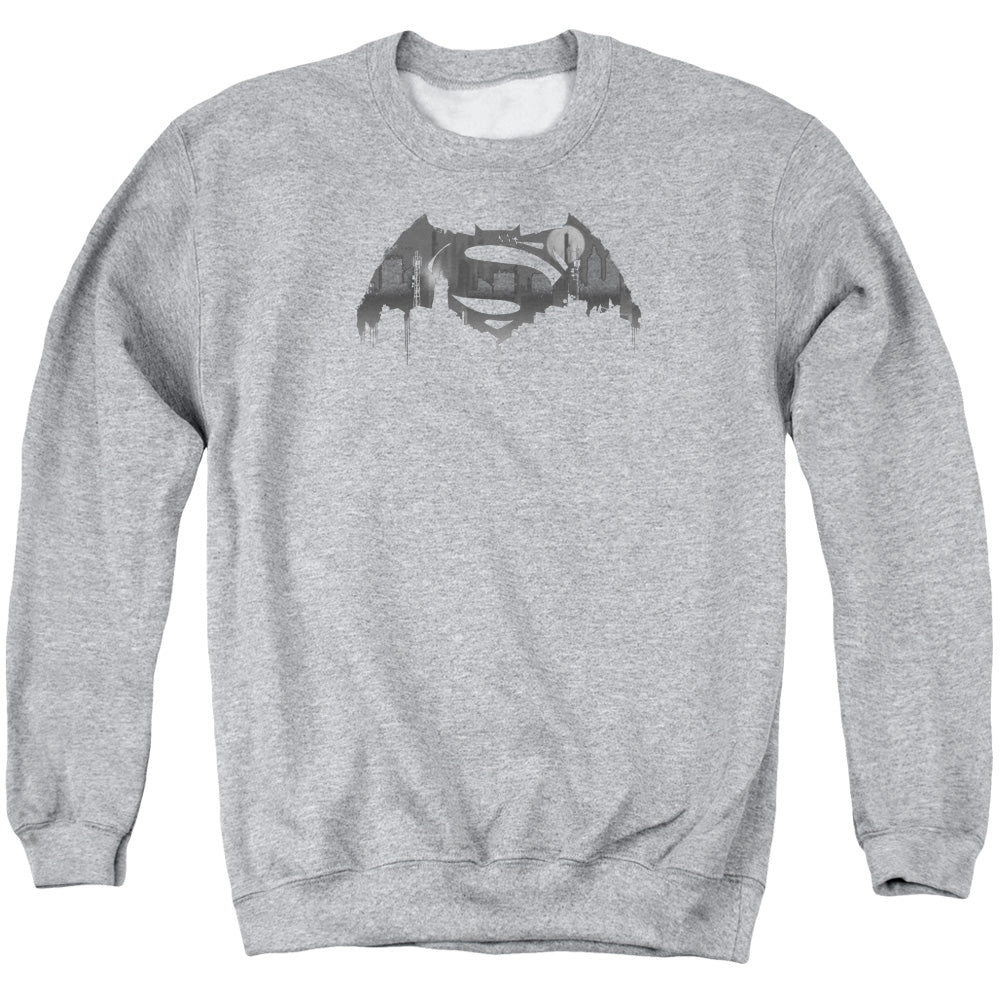 Batman v Superman Cityscape Logo Men's Crewneck 50 50 Poly Long-Sleeve T-Shirt