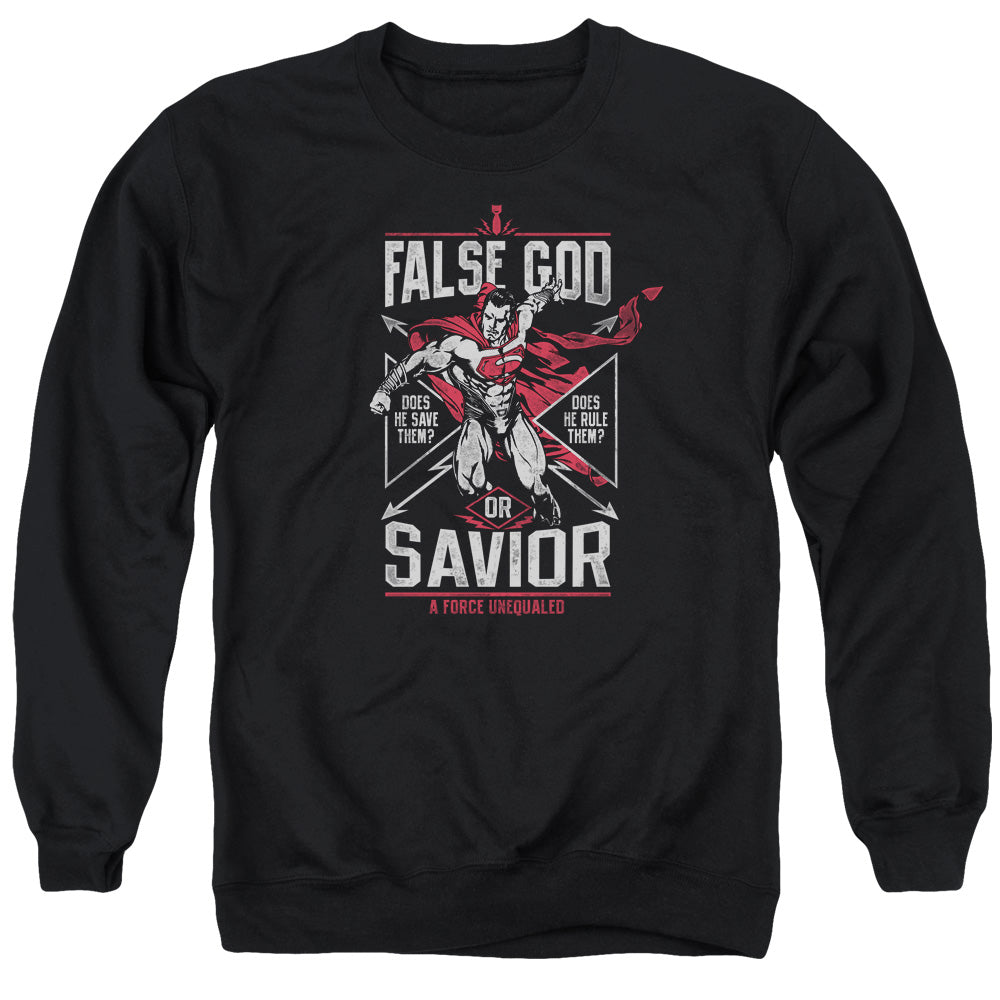 Batman v Superman False God Or Savior Men's Crewneck 50 50 Poly Long-Sleeve T-Shirt