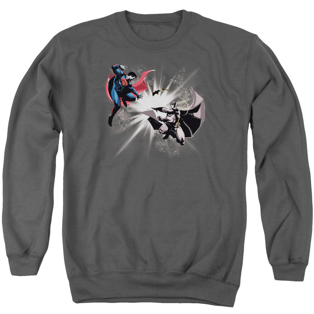 Batman v Superman Fight Burst Men's Crewneck 50 50 Poly Long-Sleeve T-Shirt