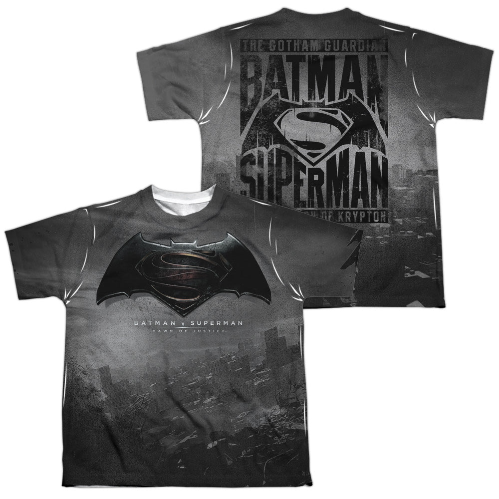 Batman v Superman Logo City (Front/Back Print) Youth Regular Fit Poly Short-Sleeve T-Shirt