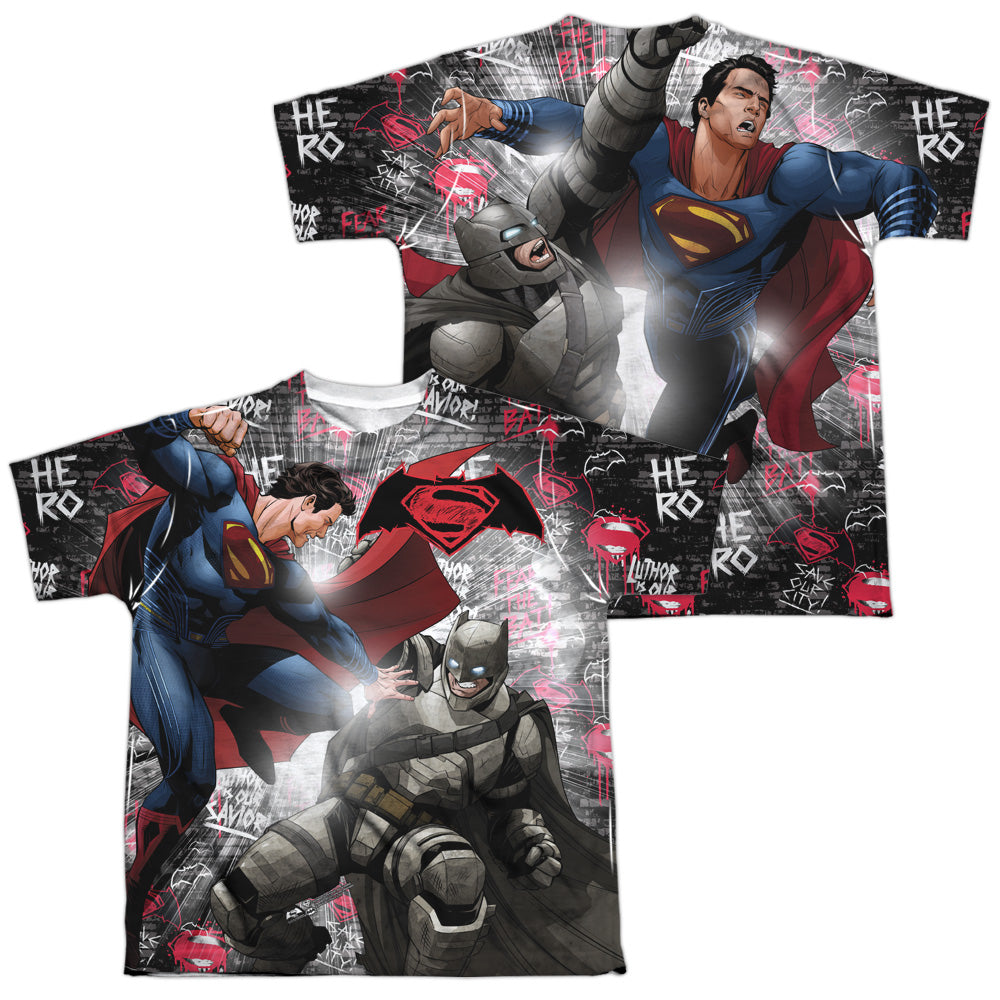 Batman v Superman Showdown (Front/Back Print) Youth Regular Fit Poly Short-Sleeve T-Shirt