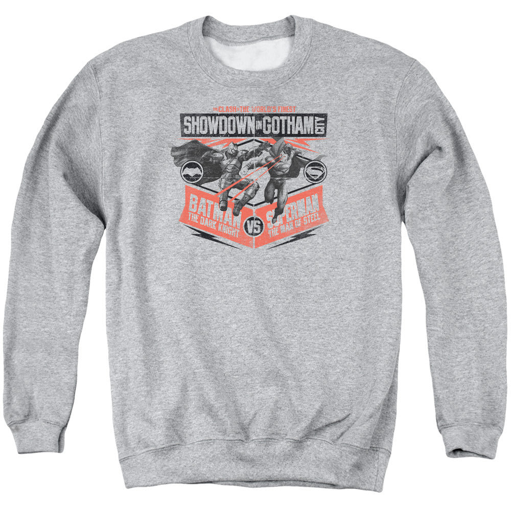 Batman v Superman Showdown In Gotham Men's Crewneck 50 50 Poly Long-Sleeve T-Shirt