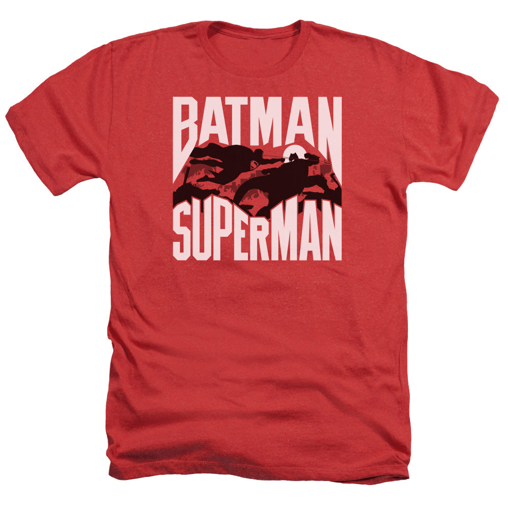 Batman v Superman Silhouette Fight Men's 30/1 Heather 60 40 Poly Short-Sleeve T-Shirt