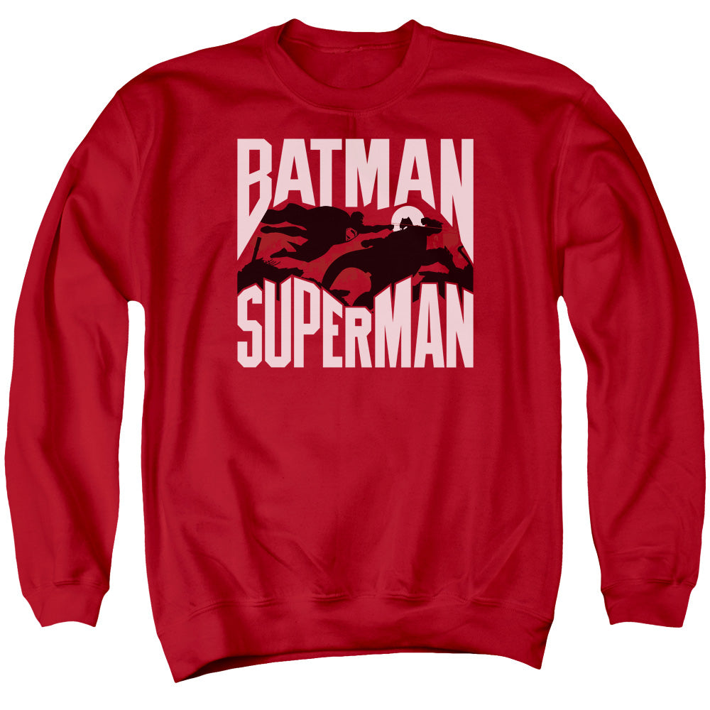 Batman v Superman Silhouette Fight Men's Crewneck 50 50 Poly Long-Sleeve T-Shirt