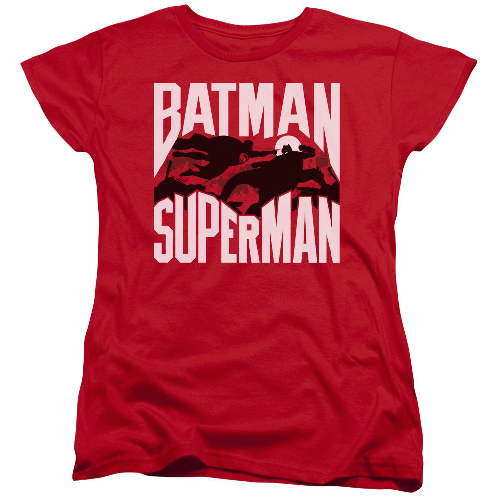 Batman v Superman Silhouette Fight Women's 18/1 Cotton Short-Sleeve T-Shirt