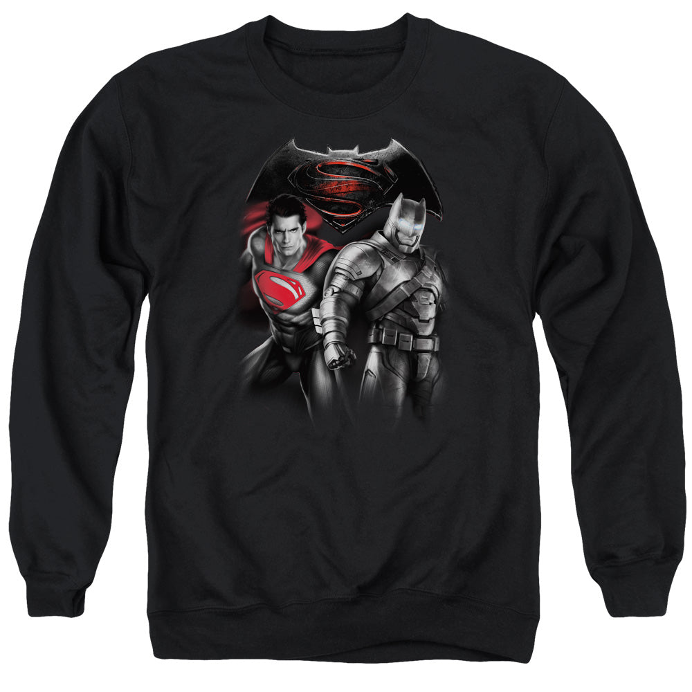 Batman v Superman Stand Off Men's Crewneck 50 50 Poly Long-Sleeve T-Shirt