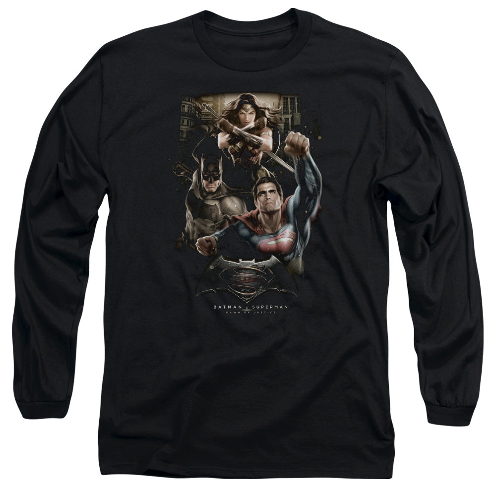 Batman v Superman Three In Action Men's 18/1 Cotton Long-Sleeve T-Shirt