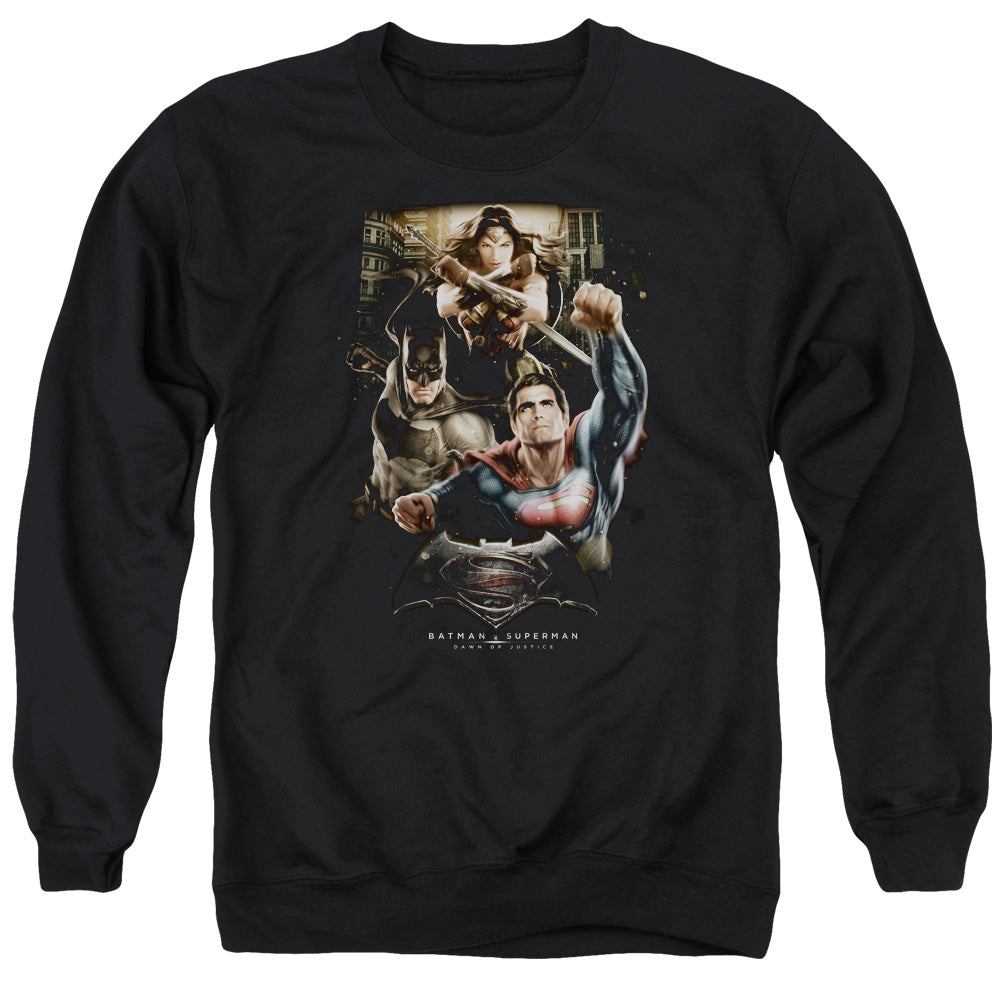 Batman v Superman Three In Action Men's Crewneck 50 50 Poly Long-Sleeve T-Shirt