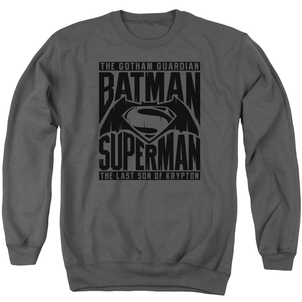 Batman v Superman Title Fight Men's Crewneck 50 50 Poly Long-Sleeve T-Shirt
