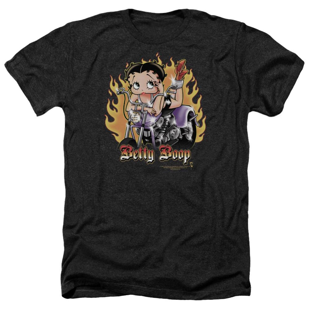 Betty Boop Biker Flames Boop Men's 30/1 Heather 60 40 Poly Short-Sleeve T-Shirt