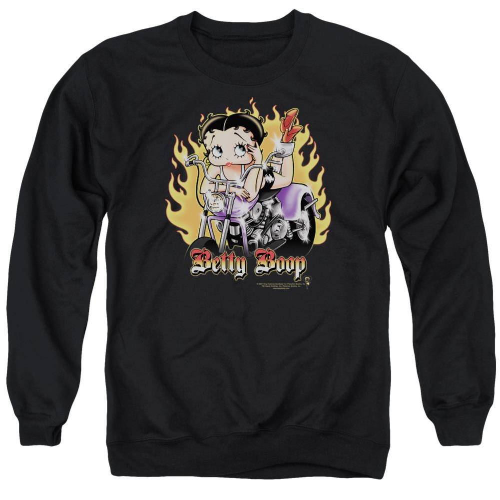 Betty Boop Biker Flames Boop Men's Crewneck 50 50 Poly Long-Sleeve T-Shirt