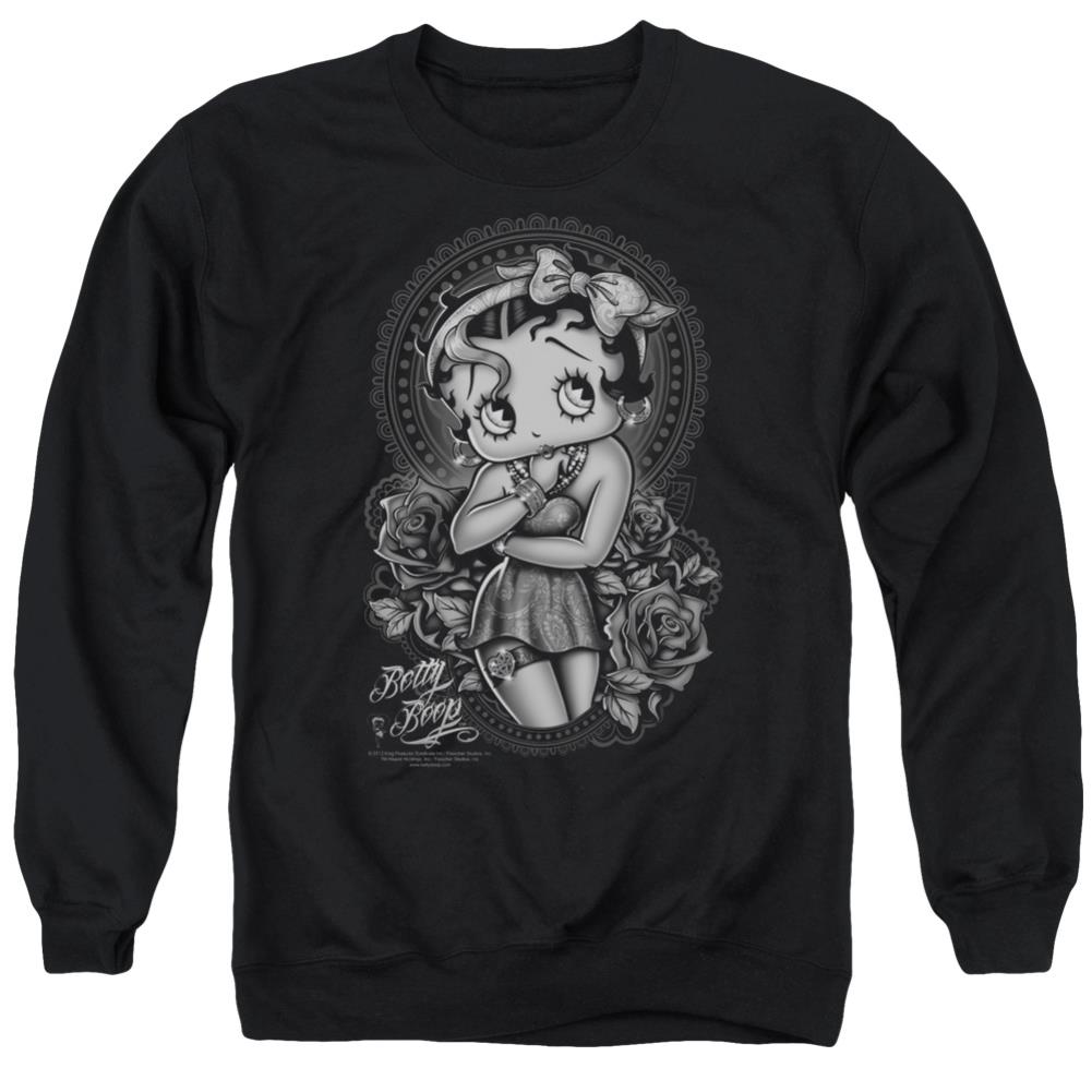Betty Boop Fashion Roses Men's Crewneck 50 50 Poly Long-Sleeve T-Shirt