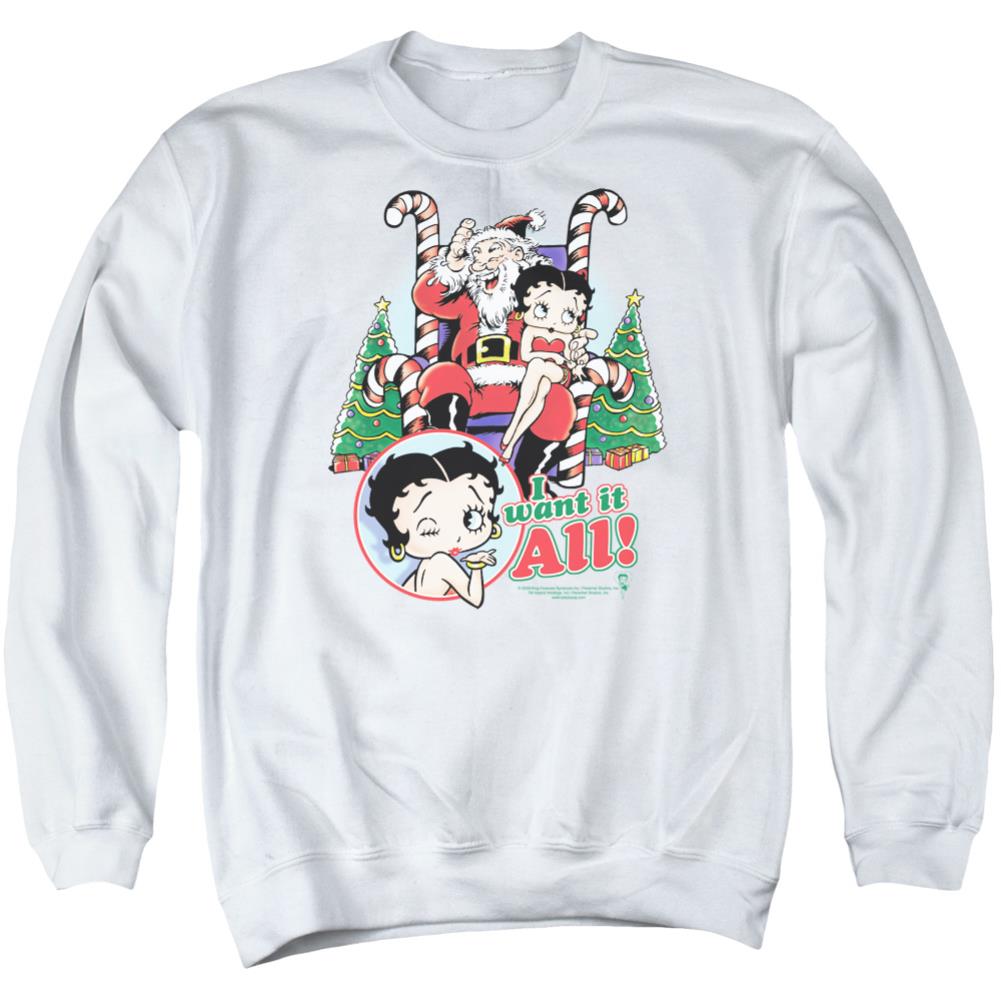 Betty Boop I Want It All Men's Crewneck 50 50 Poly Long-Sleeve T-Shirt