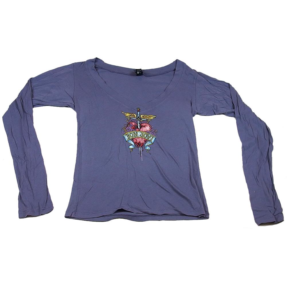 Bon Jovi Distressed Heart Dagger Scoop Neck Violet Women's Long-Sleeve T-Shirt