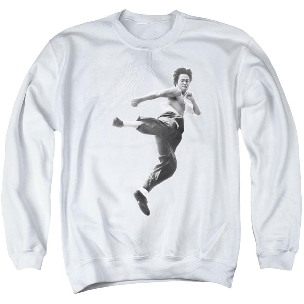 Bruce Lee Flying Kick Men's Crewneck 50 50 Poly Long-Sleeve T-Shirt