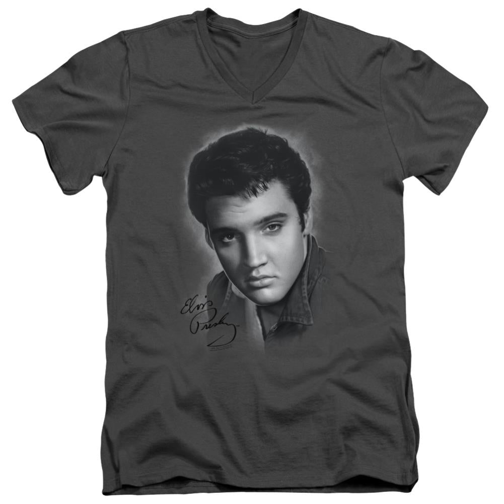 Elvis Presley Grey Portrait Men's 30/1 Cotton Slim V-Neck T-Shirt