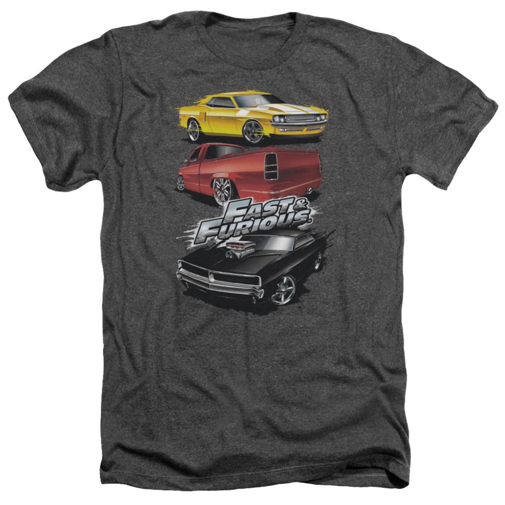 Fast And The Furious Muscle Car Splatter Men's 30/1 Heather 60 40 Poly Short-Sleeve T-Shirt