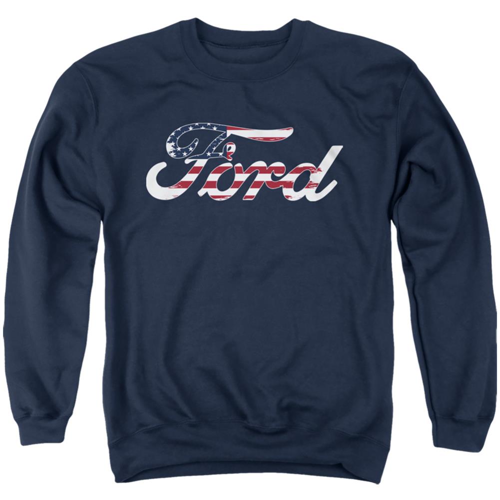 Ford Flag Logo Men's Crewneck 50 50 Poly Long-Sleeve T-Shirt