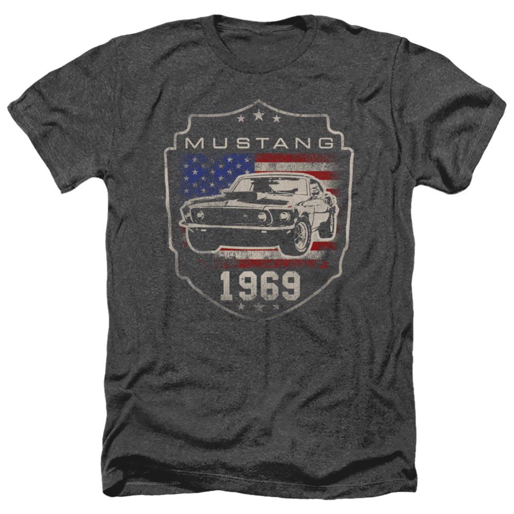 Ford Mustang 1969 Flag Men's 30/1 Heather 60 40 Poly Short-Sleeve T-Shirt