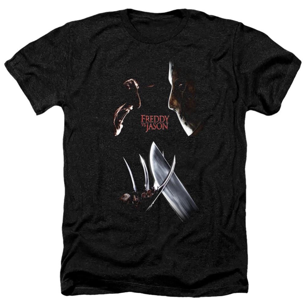 Freddy vs. Jason Face Off Men's 30/1 Heather 60 40 Poly Short-Sleeve T-Shirt