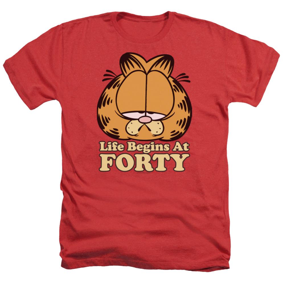 Garfield Life Begins At Forty Men's 30/1 Heather 60 40 Poly Short-Sleeve T-Shirt