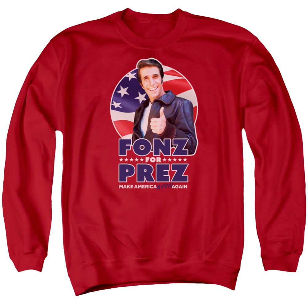 Happy Days Fonz For Prez Men's Crewneck 50 50 Poly Long-Sleeve T-Shirt