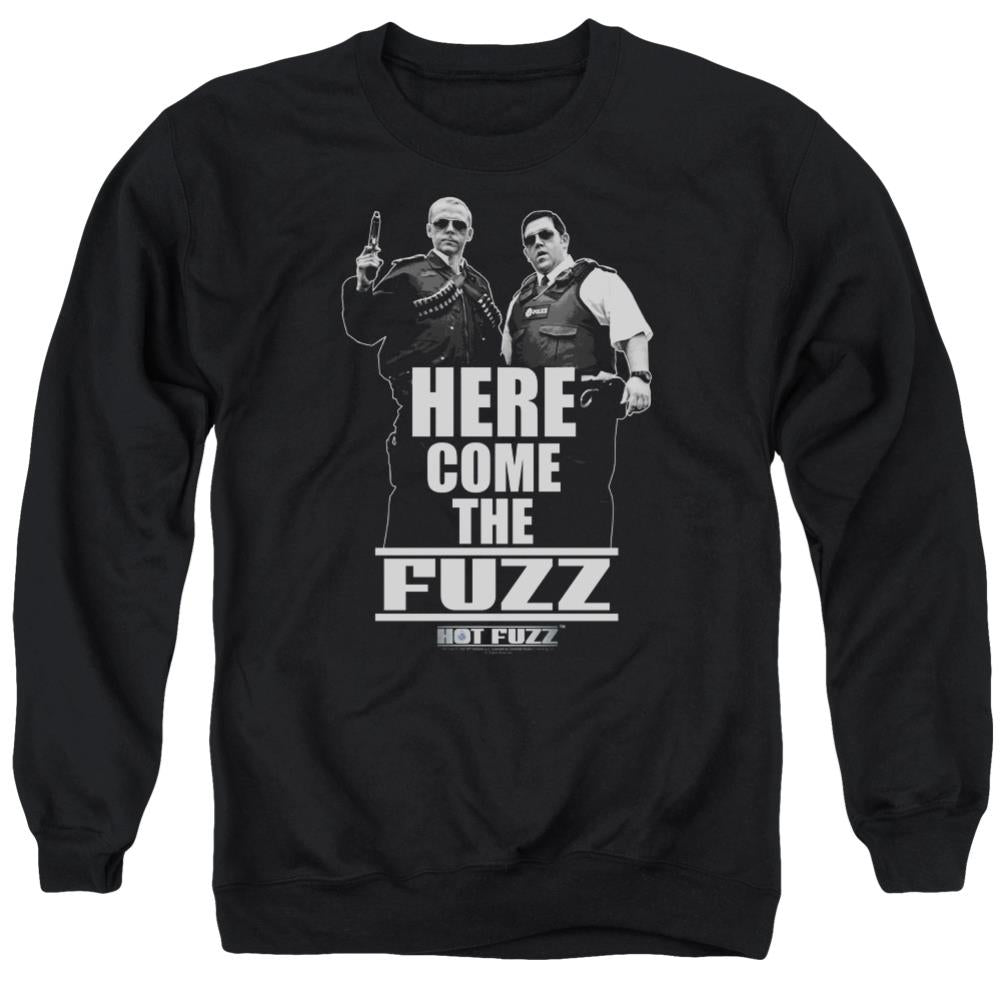 Hot Fuzz Here Come The Fuzz Men's Crewneck 50 50 Poly Long-Sleeve T-Shirt