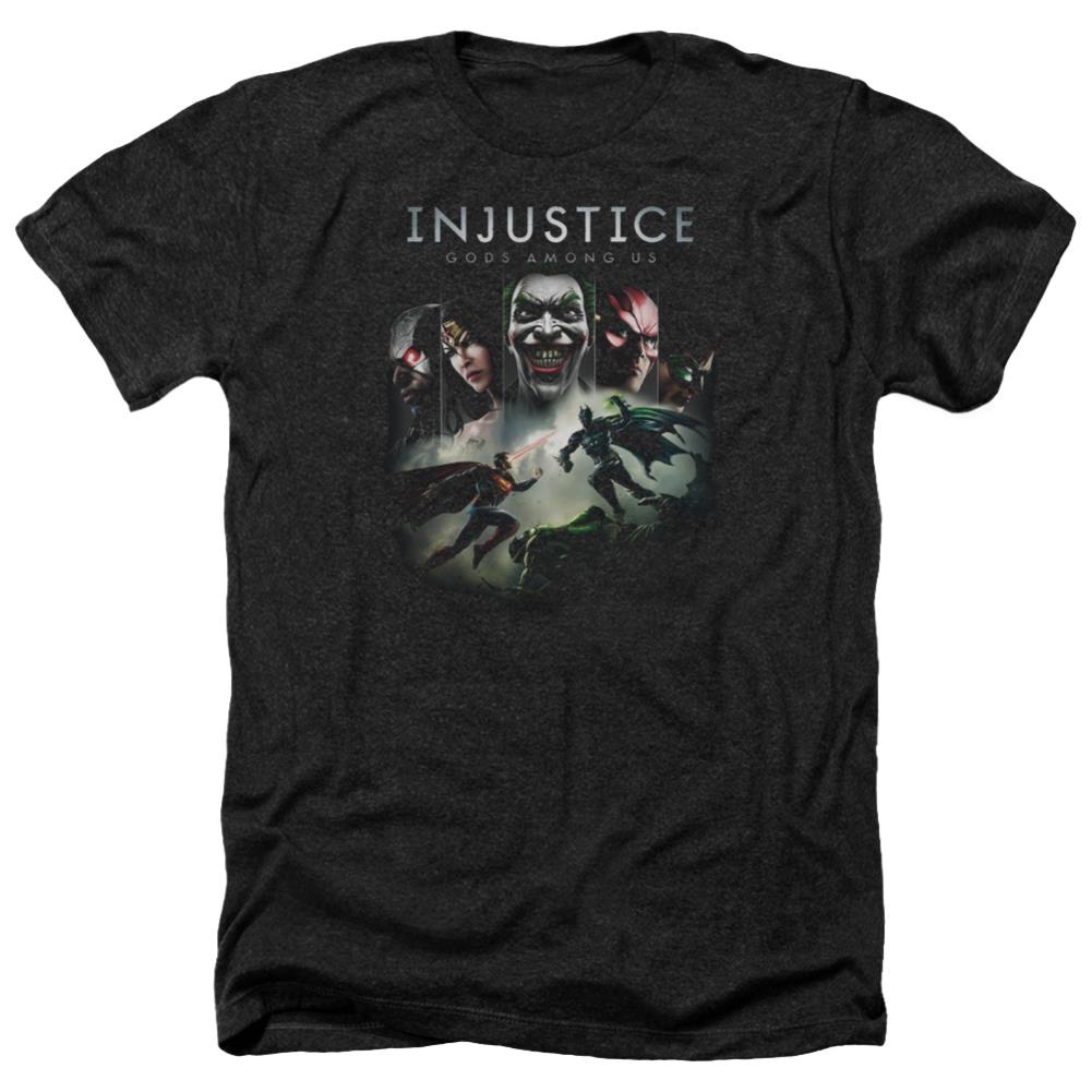 Injustice Gods Among Us Key Art Men's 30/1 Heather 60 40 Poly Short-Sleeve T-Shirt