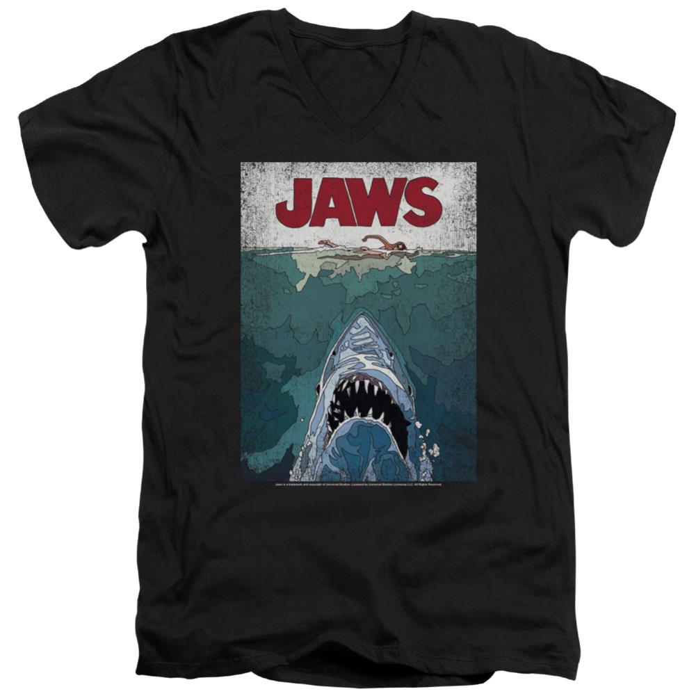 Jaws Lined Poster Men's 30/1 Cotton Slim V-Neck T-Shirt