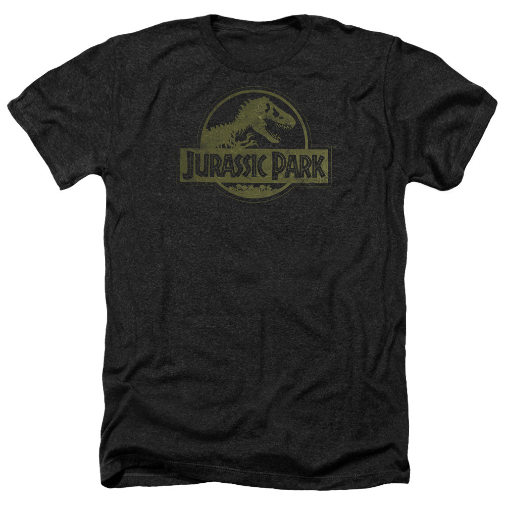 Jurassic Park Distressed Logo Men's 30/1 Heather 60 40 Poly Short-Sleeve T-Shirt