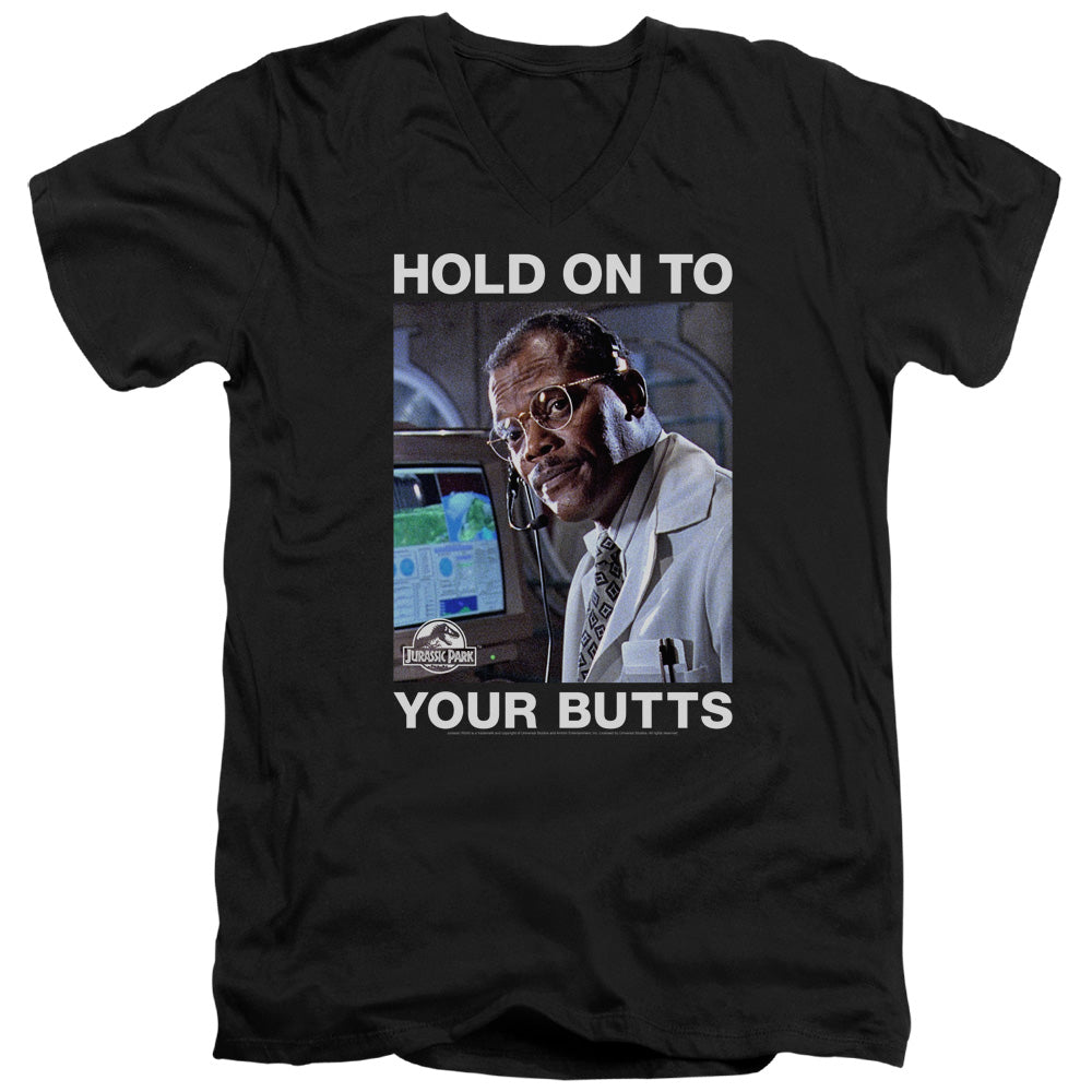 Jurassic Park Hold Onto Men's 30/1 Cotton Slim V-Neck T-Shirt