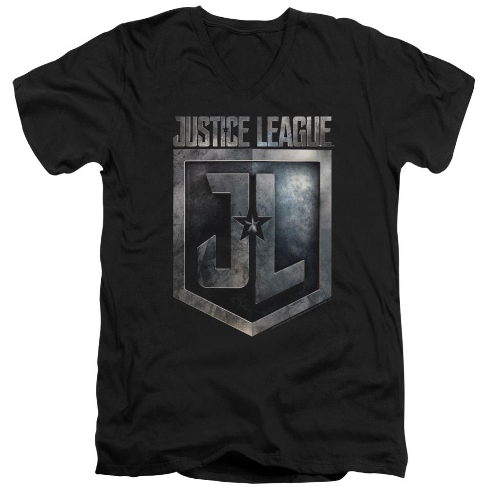 Justice League Movie Shield Logo Men's 30/1 Cotton Slim V-Neck T-Shirt