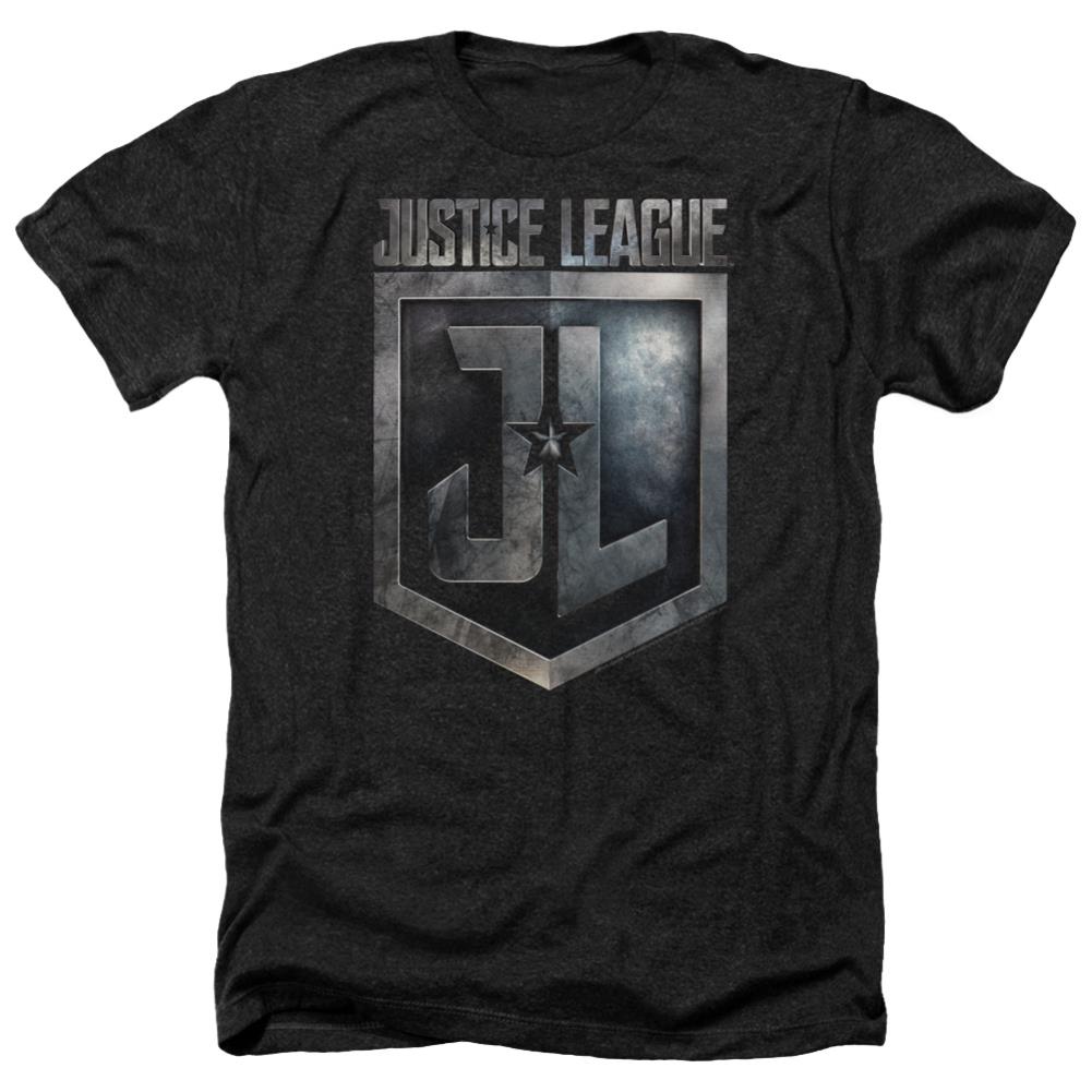 Justice League Movie Shield Logo Men's 30/1 Heather 60 40 Poly Short-Sleeve T-Shirt