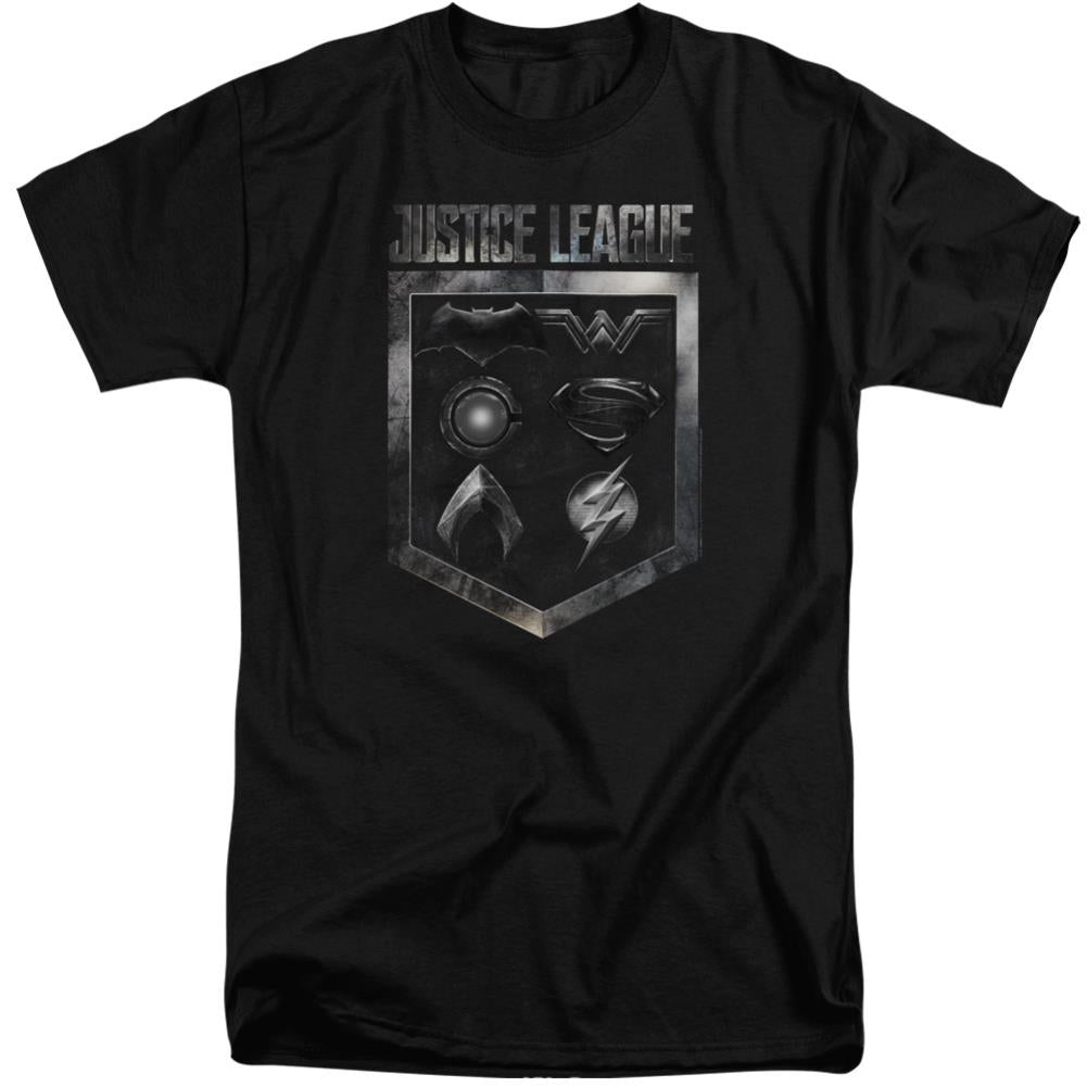 Justice League Movie Shield Of Emblems Men's 18/1 Tall Cotton Short-Sleeve T-Shirt