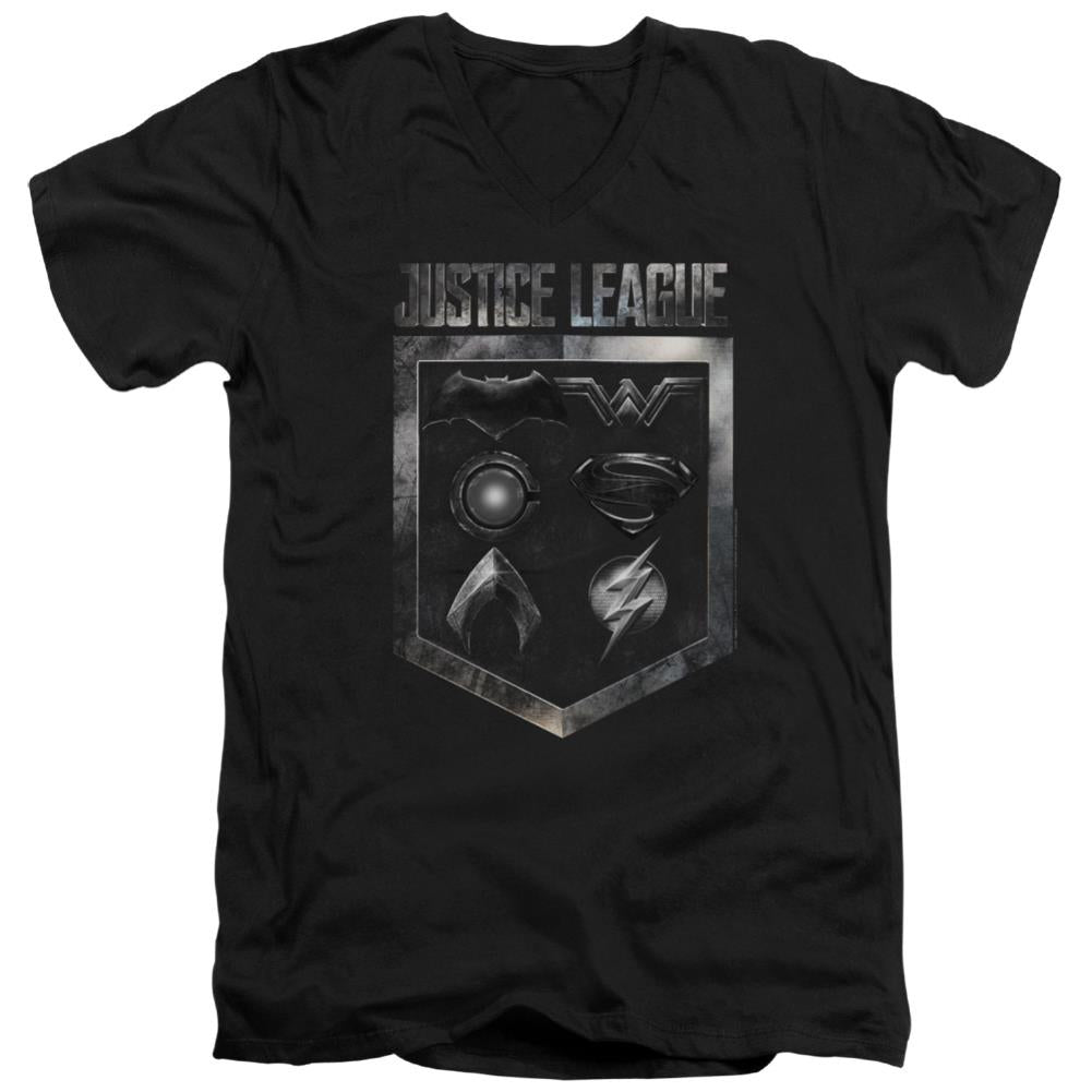 Justice League Movie Shield Of Emblems Men's 30/1 Cotton Slim V-Neck T-Shirt