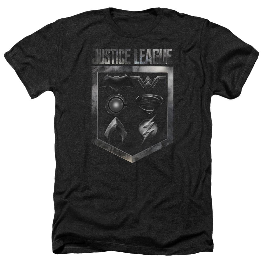 Justice League Movie Shield Of Emblems Men's 30/1 Heather 60 40 Poly Short-Sleeve T-Shirt